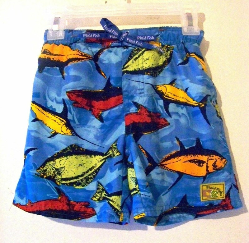 Boys Plaid Fish Swim Shorts Size 2T Waist is 22"