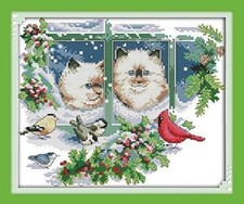 Happy Forever 11CT Stamped Cross Stitch, D379 Winter cat, Size 13''x12''