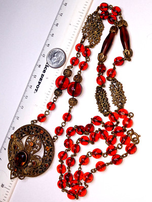 VINTAGE GOLDTONE FILIGREE BRASS ROOT BEER GLASS BEAD 2 1/8'' PENDANT NECKLACE 37''