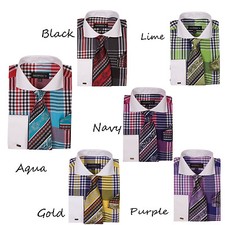 Men's Checks Shirt With Tie and Hanky, 60 Cotton 40 Poly French Cuff AH626