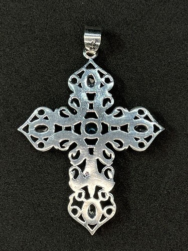 Sterling Silver Blue Topaz Cross 925 Filigree Pendant 3" weighs 9.0 grams - Picture 4 of 9