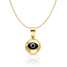 14K Yellow Gold Evil Eye Round Charm Pendant with 0.8mm Box Chain Necklace