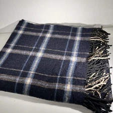 Drake’s London Lambs Wool Throw Made In Scotland Plaid Navy Blue Blanket 69”x57”