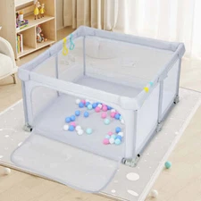 NNECW 124cm Foldable Baby Playpen Interactive Activity Center with Balls Pull Ri