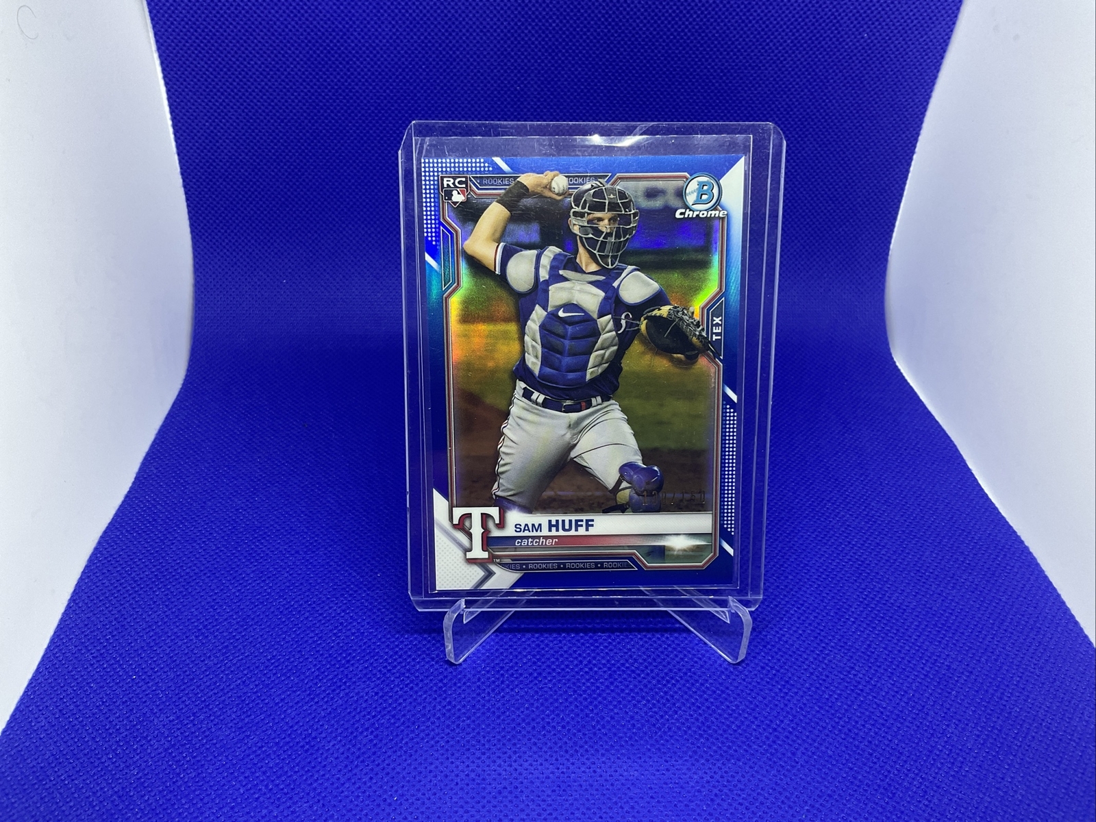 2021 Bowman Chrome Blue Refractor /150  #91 Sam Huff Texas RANGERS