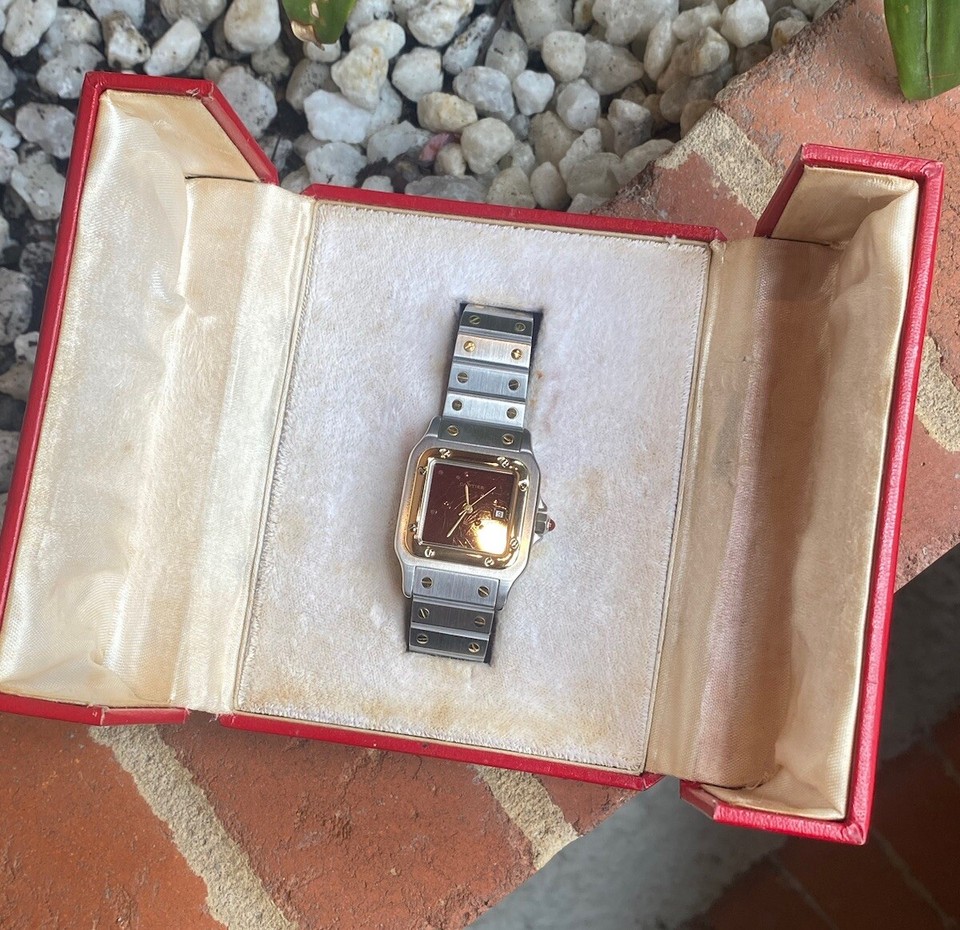 Scarce Cartier Santos Carree Men’s Watch Automatic 29mm SS 18K Burgundy