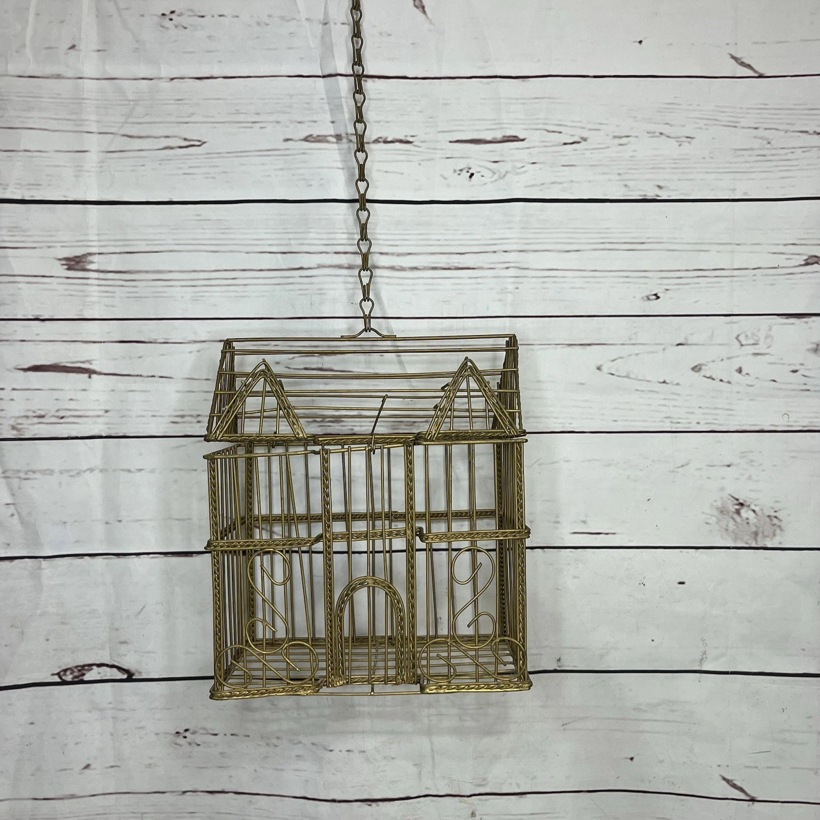 Vintage Ornate Gold Wire Metal Bird Cage House Shaped Hanging