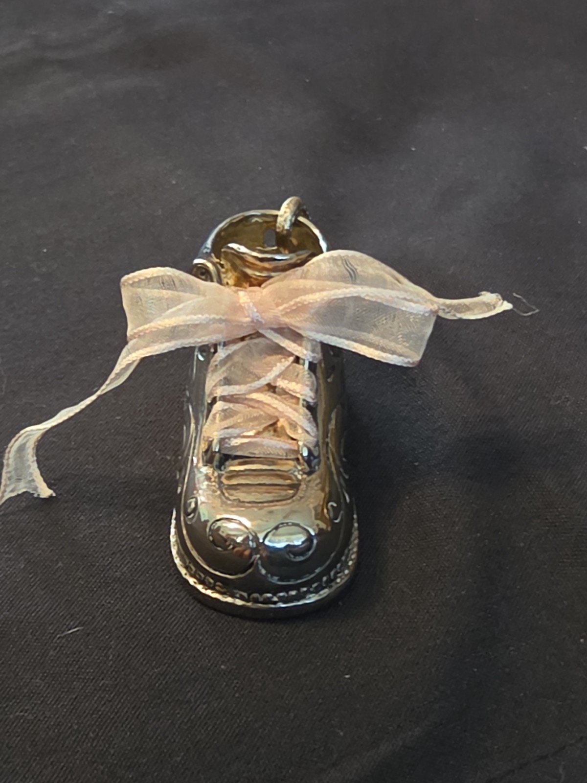 Vintage Silver Plated Baby Shoe, Pink Ribbon, Nice!