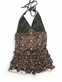 Y2K Leopard Print Lace Bodice Halter V-Neck Ruffled Romper Women&rsquo;s size 6