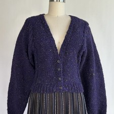 Vintage 80s Perry Ellis Handknit Tweed Wool Cropped V Neck Cardigan