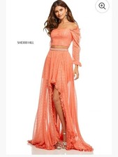 Sherri Hill Two Piece Ruched Chiffon Off Shoulder Dress With HIgh Low Skirt - 0