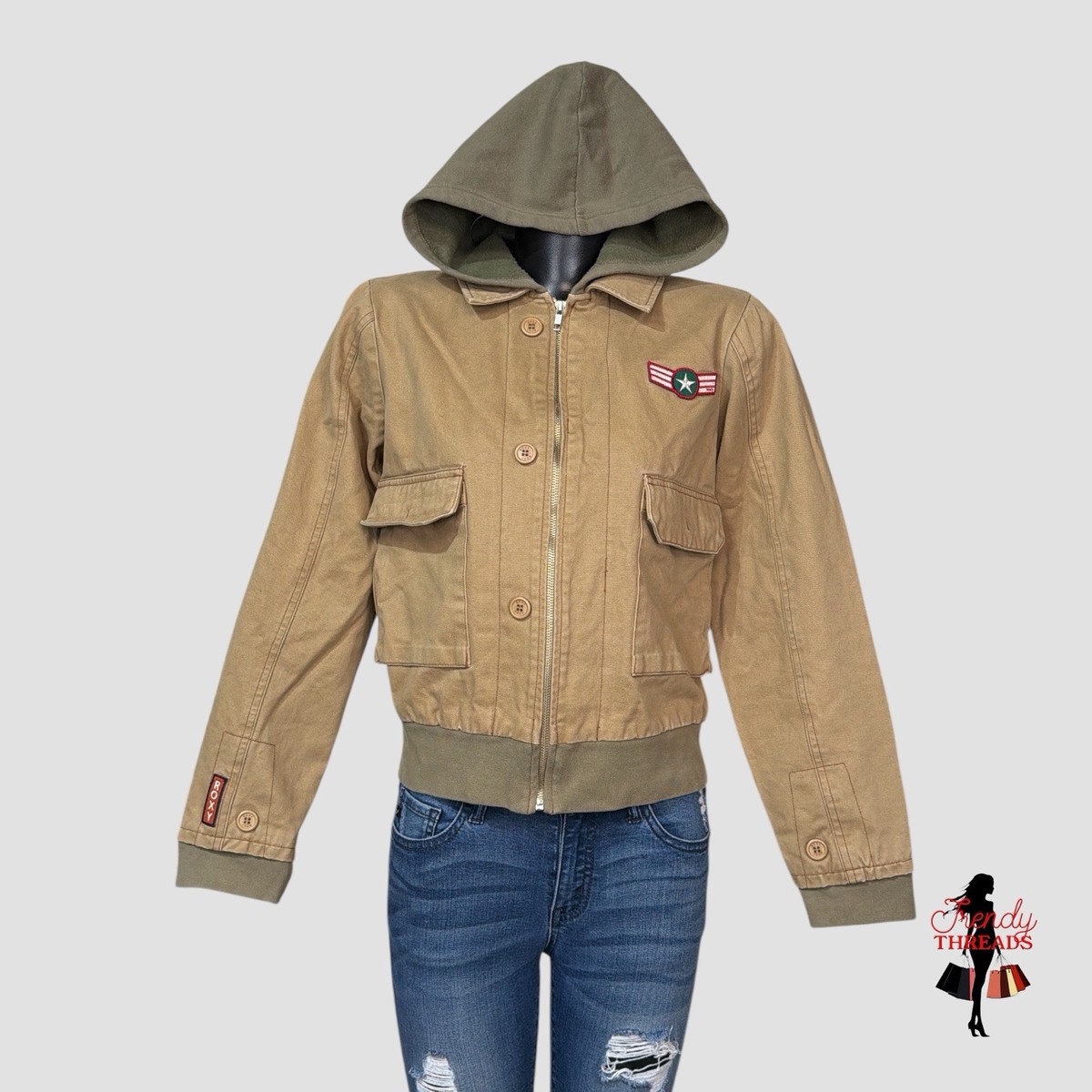 VTG 90s Y2K Roxy Hooded Bomber Jacket MEDIUM Tan Military Patches