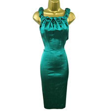 10 UK Karen Millen Vintage Emerald Green Satin Pleat Neck Ascot Pencil Dress