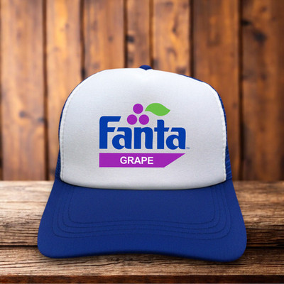 Fanta Grape Soda Mens Trucker Hat Blue 80s Logo Retro Food & Drink Snapback Mesh