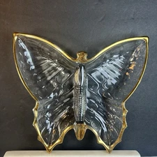 MCM Jeannette Glass Butterfly Clear Gold Trim Open Candy Dish 1950s