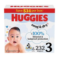Huggies Snug Dry Baby Diapers, Size 3, 232 ct Up to 100 blowout and leak...