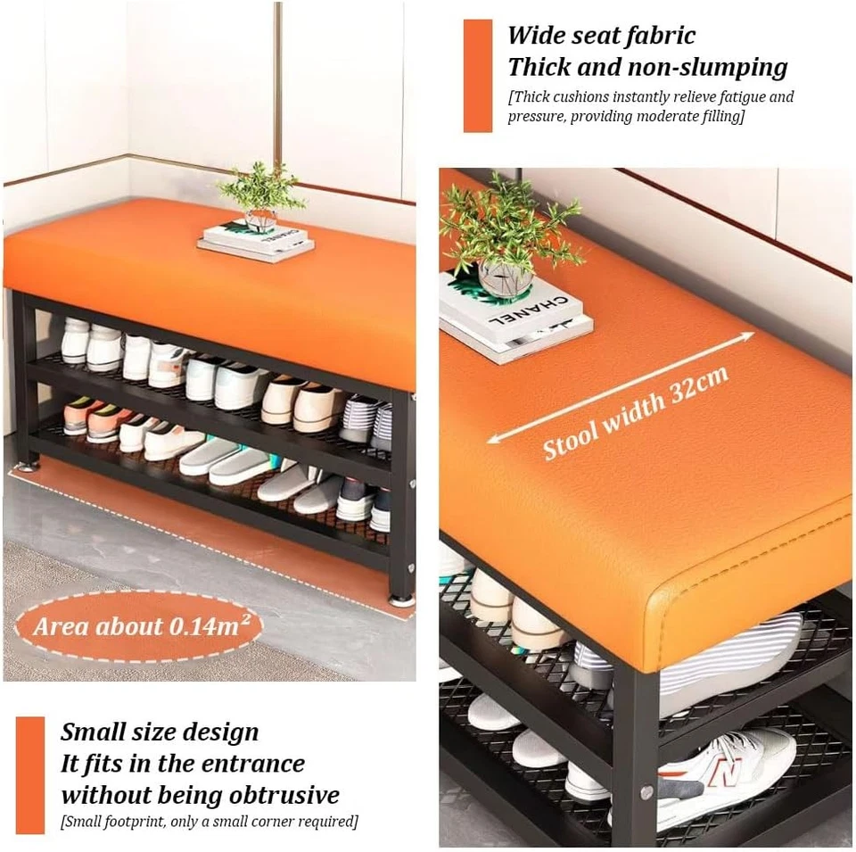 2-Tier Shoes Storage Cabinet Bench PU Leather Cover Shoe Rack Organizer Entryway - Image 3 of 4