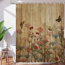 Vintage Floral Shower Curtain, Boho Retro Floral Shower Curtain, Rustic Farmh...