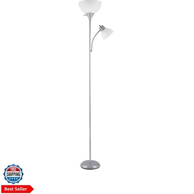 67134 72'' Torchiere Floor Lamp and Adjustable Reading Light, Silver, Frosted ...