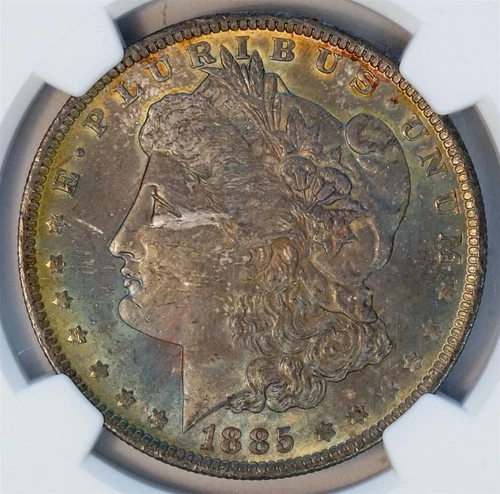 1885 O $1 US Morgan Silver Dollar Coin (NGC MS 64 MS64) STEEL BLUE TONING
