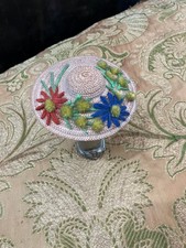 Vintage Miniature Doll Straw Hat - Hand Embroidered Floral