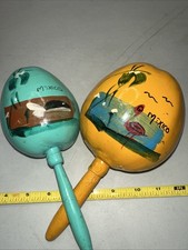 Vintage Set of 2 MEXICAN MARACAS Hand Painted Fish And Flamingo Gourd Shakers