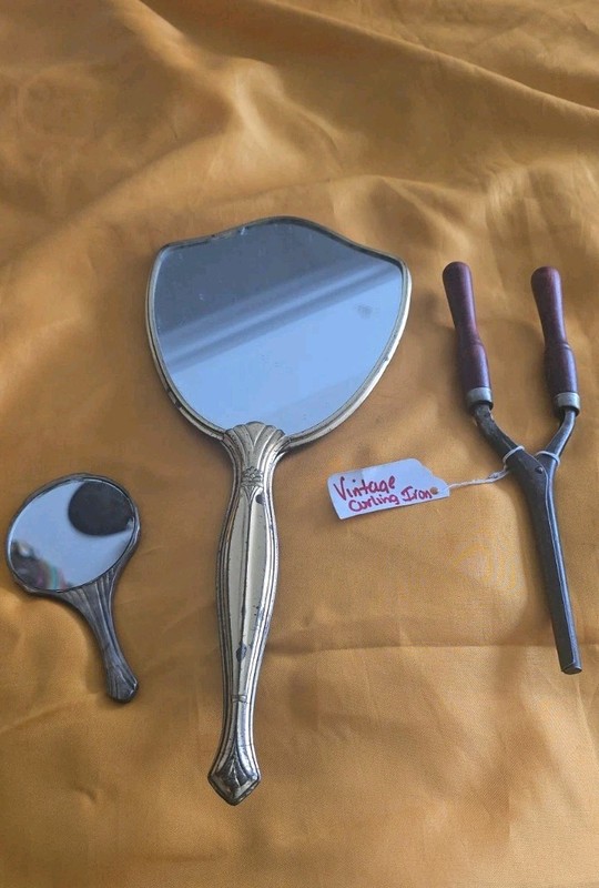 VINTAGE ANTIQUE MIRROR SET  VINTAGE CURLING IRON GREAT CONVERSATION OR USAGE