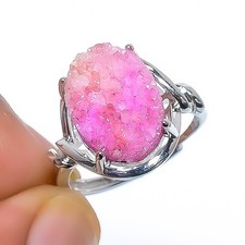 Baby Pink Quartz Drusy 925 Sterling Silver White Rhodium Plated Ring Adst. R54