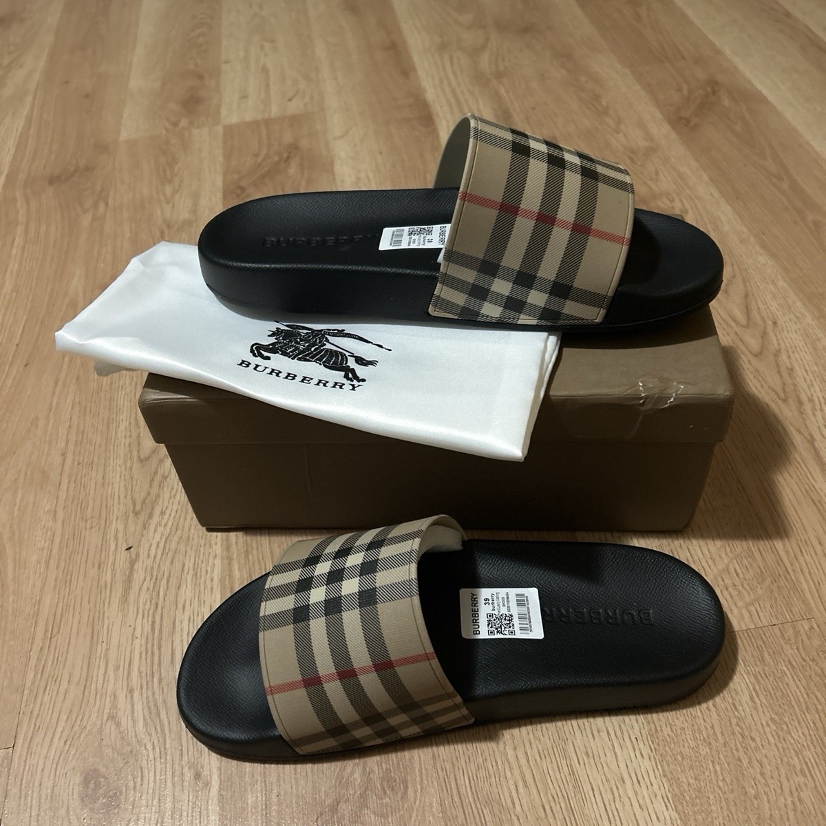 Burberry Men's Black Beige Check Logo Slide Sandals Comfort Rubber