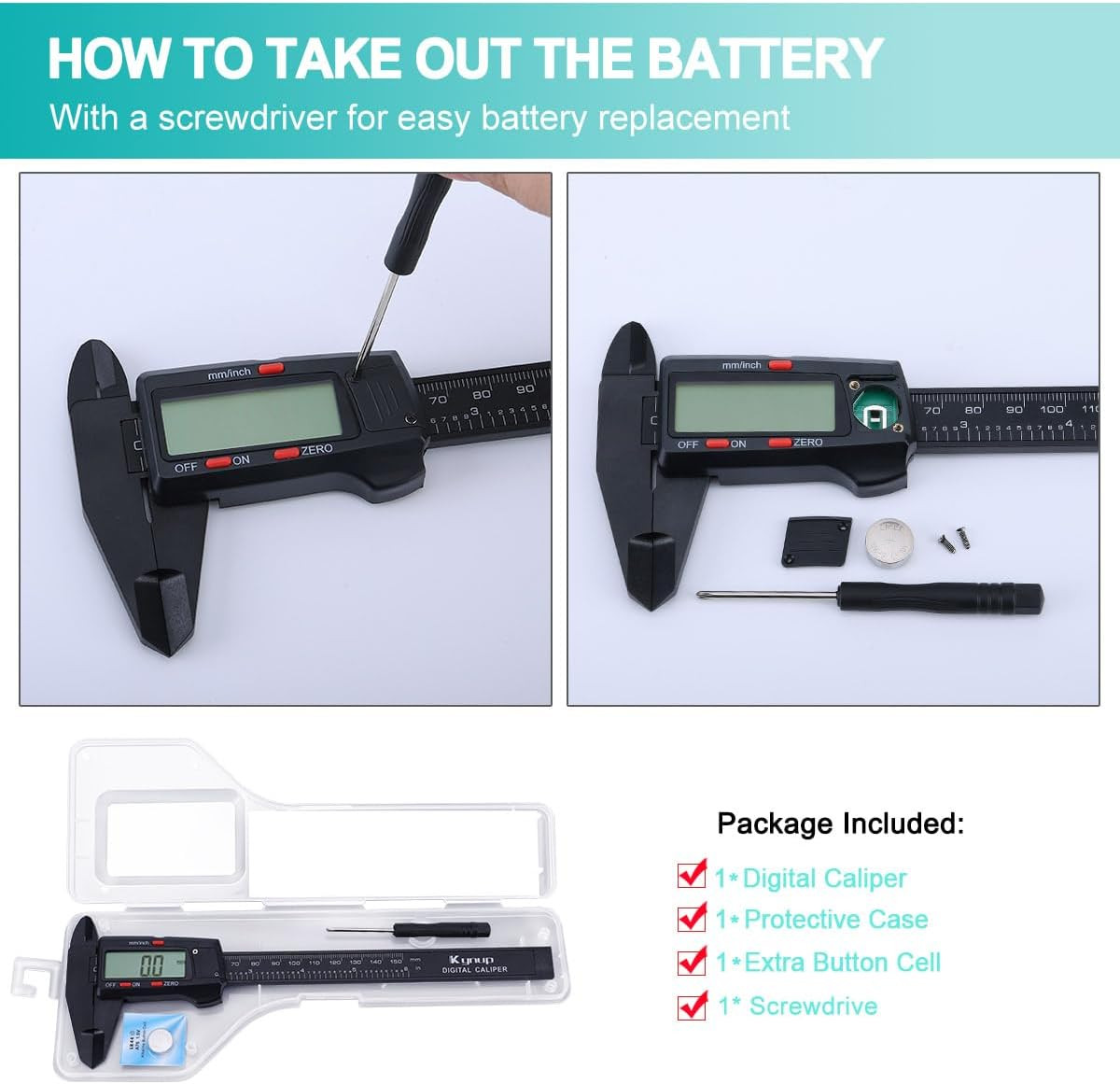 Kynup Digital Caliper, Caliper Measuring Tool with LCD 6" Plastic, Black 