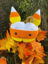 Crochet Candy Corn Cat Pumpkin stuffed animal, handmade pumpkin, crocheted toy