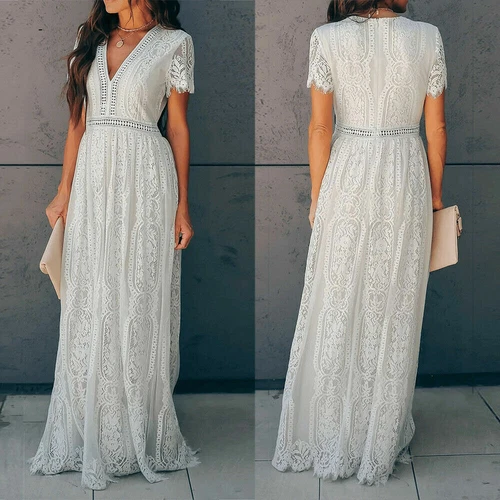 Langes Maxikleid Damen V-Ausschnitt Kurzarm Spitze Party Abend Formell Cocktail - Bild 2 von 9