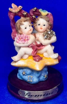Vintage Gemini Twin Cherub Angels Star Birds Flowers on Wood Base Figurine