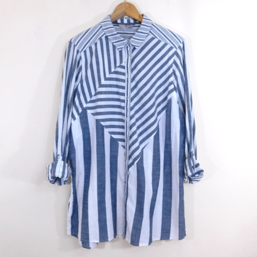 TU roll tab sleeve shirt Size 18 White Blue Striped - Foto 1 di 5