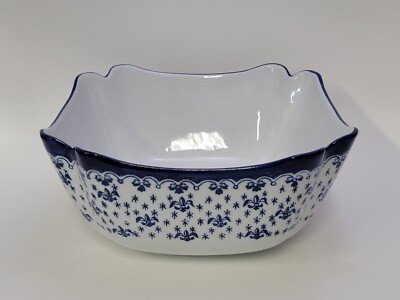 Vintage WCL Fleur De Lis Serving Dish Bowl Scalloped Corners, Blue And White