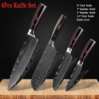 4Pcs Kitchen Knife Set Damascus Pattern Stainless Steel Professional Chef Knives