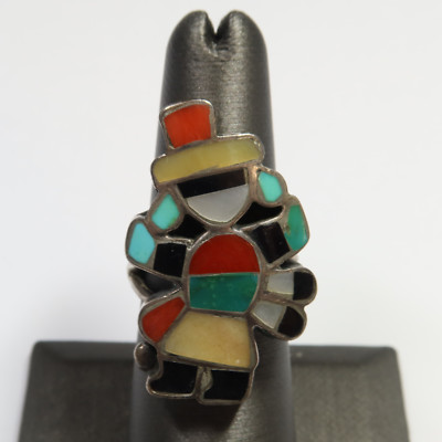 E.A. Zuni - Silver 925 10.7g Turquoise & Coral Stone Inlay Ring Sz 6.5 #53639K