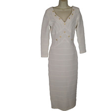 Etoile  stretch dress sz m white  Bodycon v neck gold tone buttons long slv
