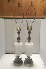Art Glass Boudoir Table Lamps Pair Vintage MCM Hollywood Regency White Splatter