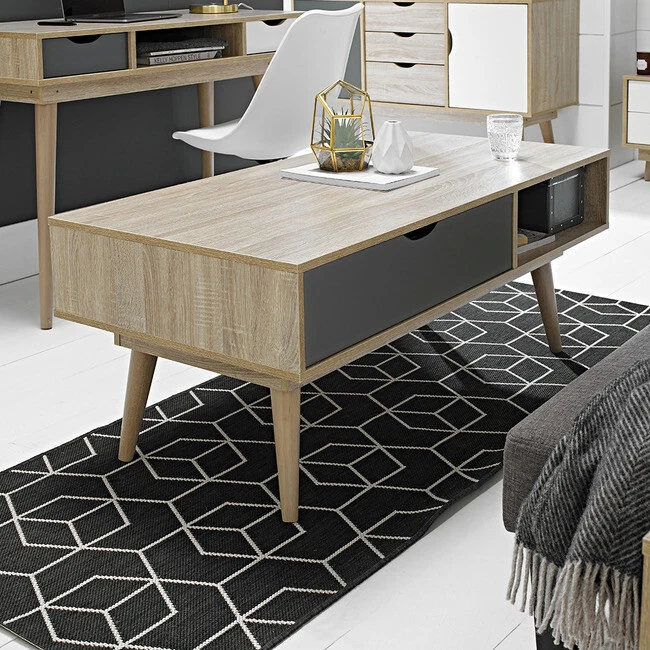 Scandinavian Retro Coffee Table Grey Oak Storage Drawer Nordic Scandi Style