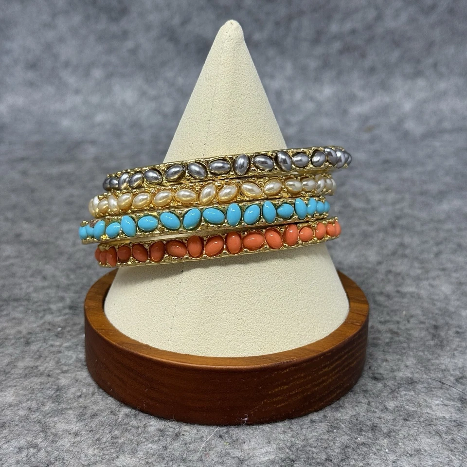 Kenneth Jay Lane KJL Bangles Bracelets Set Cabochan Turquoise Coral Silver Pearl - Image 3 of 4