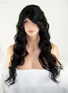 1 Jet Black Bangs Long Layered Wavy Full Wig Heat Safe Skin Part