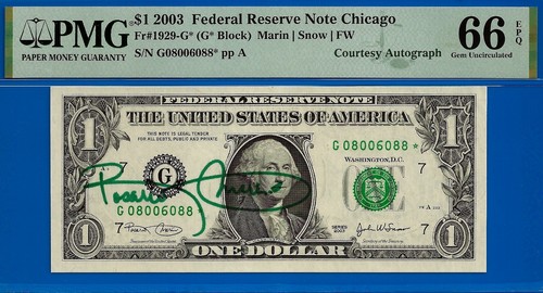 2003 $1 Federal Reserve Note PMG 66EPQ birthday courtest autograph star 8006088 - Picture 2 of 3