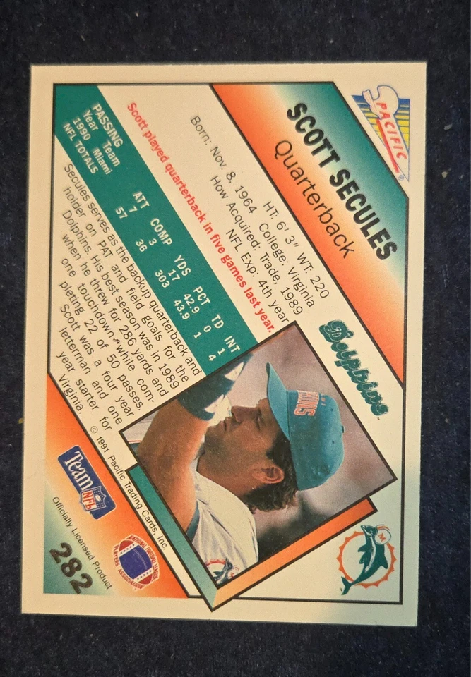 Scott Secules Hand Autographed Football Card Pacific #282 - Image 2 of 2