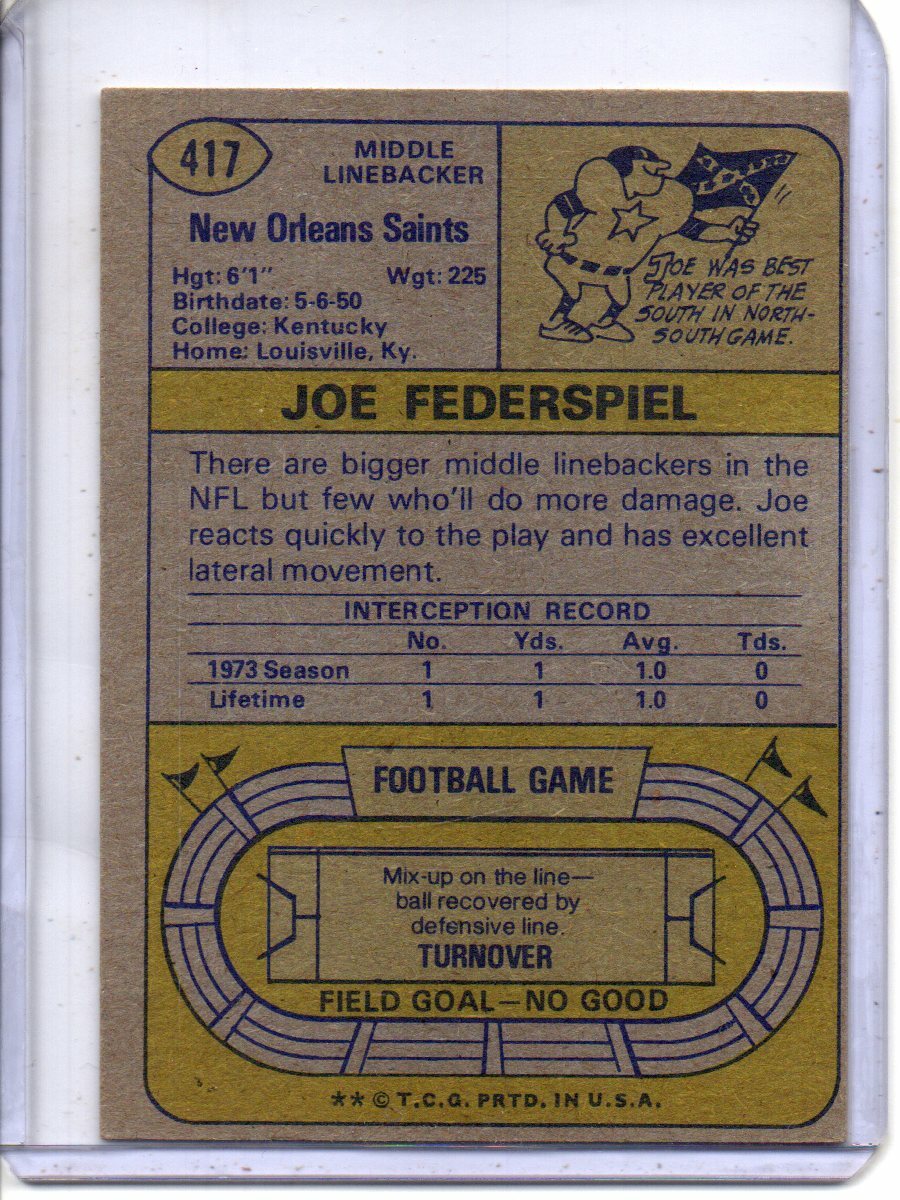 1974 TOPPS #417 JOE FEDERSPIEL NEW ORLEANS SAINTS (ROOKIE CARD) | eBay