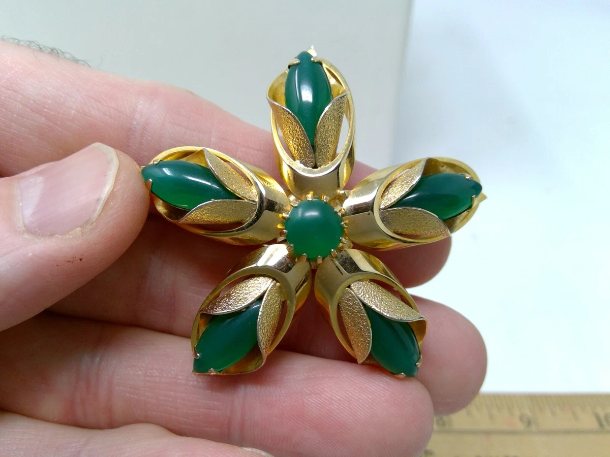 Signed Hobe 1965 Gold Tone Metal W Jade Green Glass Accents Pin