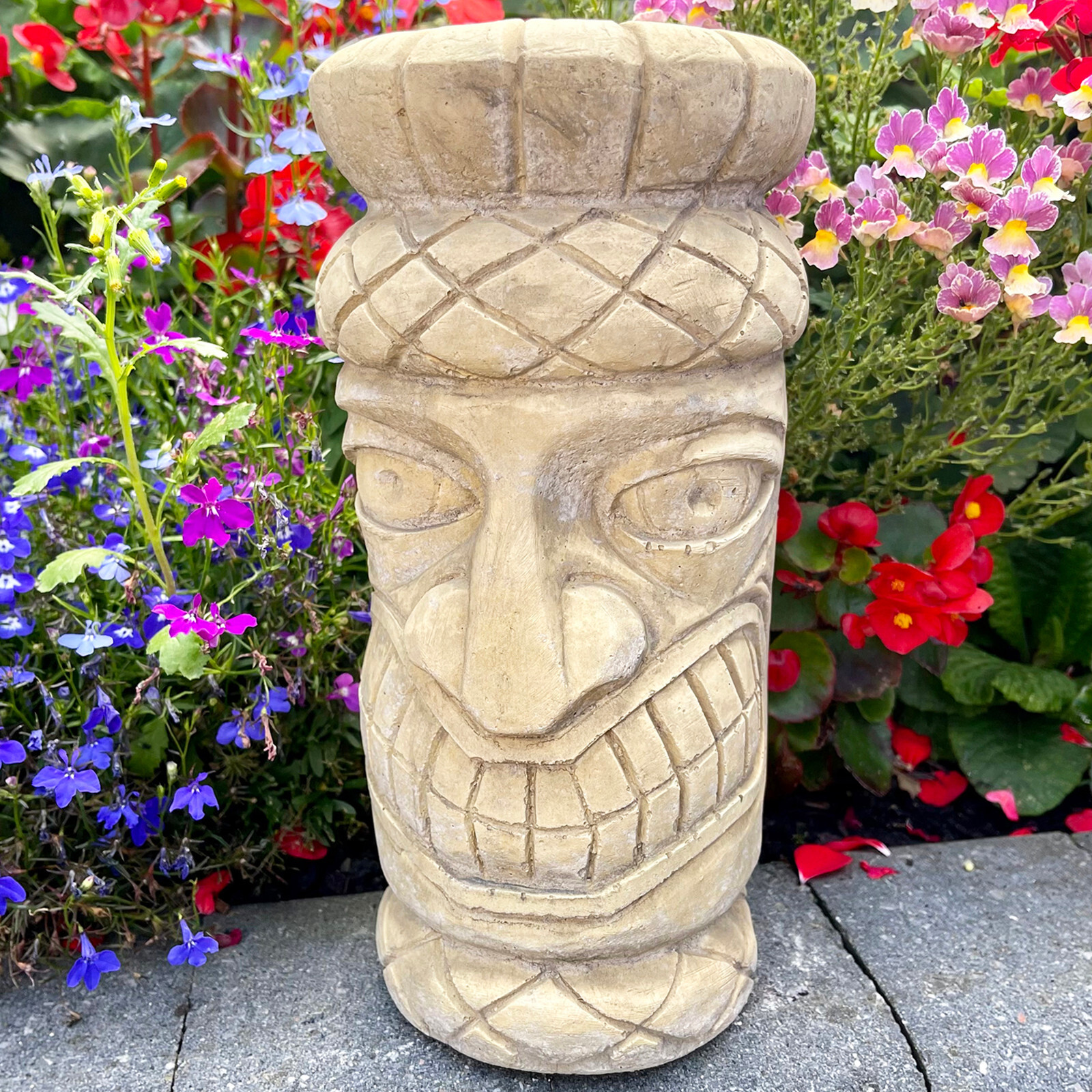 Tiki Totem Pole Ornament Stone Antique Beige Round Easter Island Sculpture Large