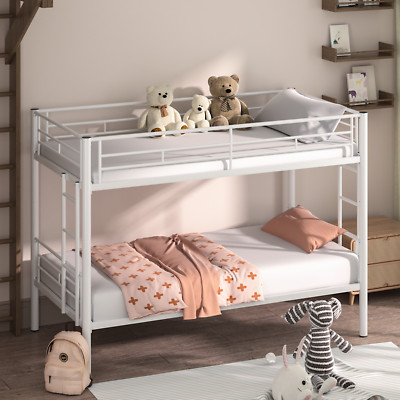 Twin Size Metal Bunk Bed Frame with Ladder and Full-Length Guardrail Noise Free