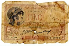 BANK OF FRANCE-1934 CINQ (5) FRANCS-Helmeted Woman Cross-Circ. P0072e