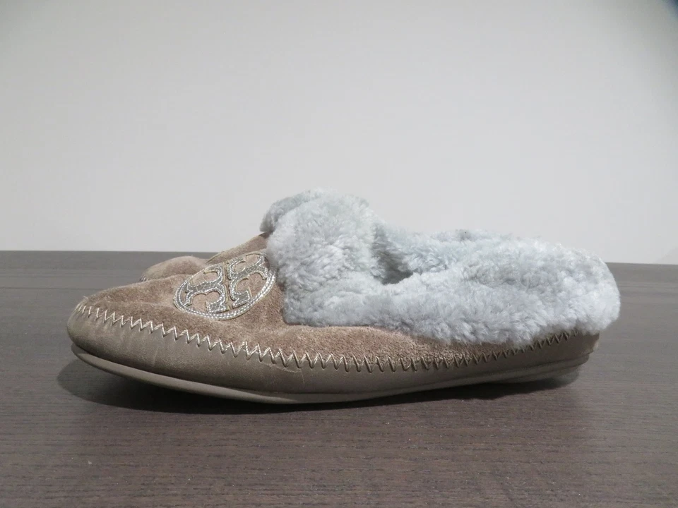 Tory Burch Slippers Womens Size 7 Tan Suede Shearling Fur Lined Coley Shoes - Image 3 of 4